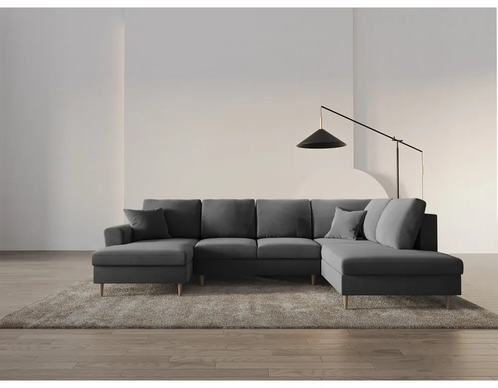 Colțar gri deschis extensibil, cu spațiu de depozitare cu tapițerie din catifea (cu colț pe partea dreaptă-în formă de "U") Kyoto – Cosmopolitan Design