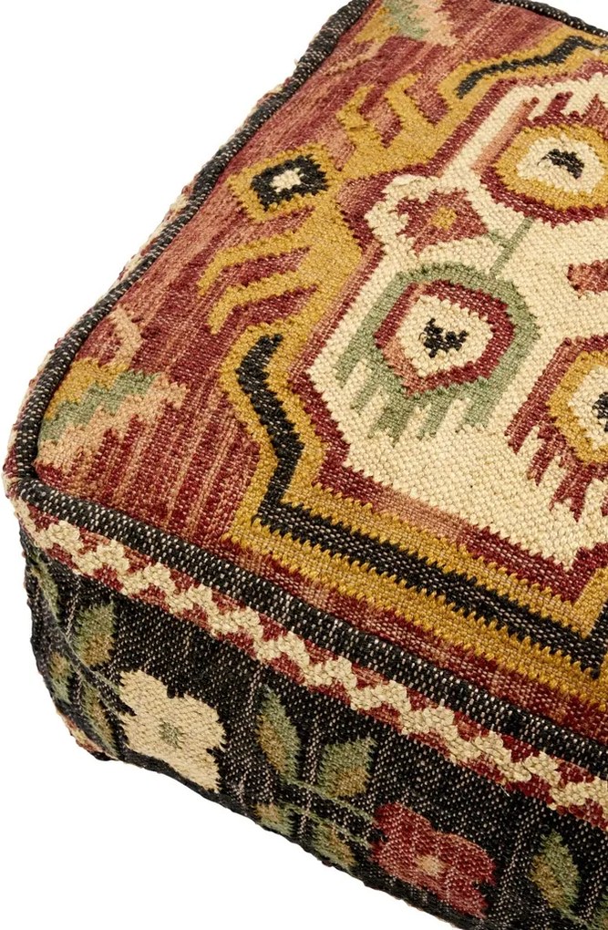 Pouf din iută țesut manual cu model geometric kilim, 60×60×H30 cm, „Jopf"