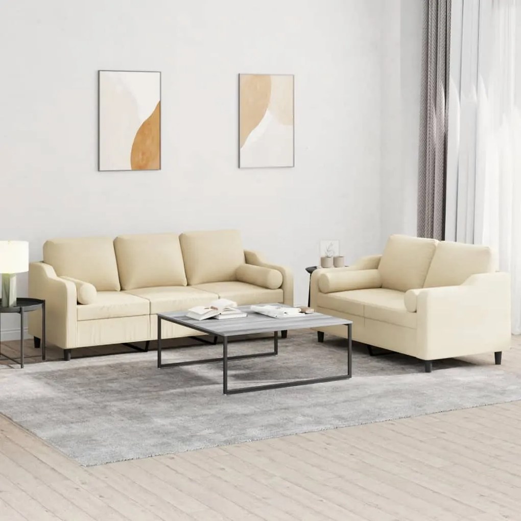 vidaXL Set de canapele cu perne, 2 piese, crem, material textil