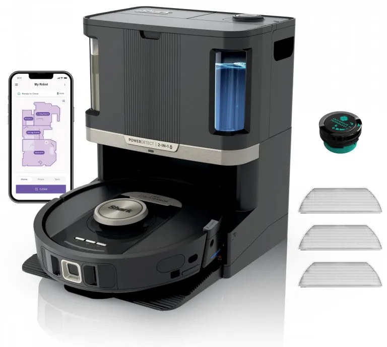 Aspirator robot Shark PowerDetect Max RV2800ZEEU, 650W, 0.3 L, 372 m², 360° LiDAR, Autonomie pana la 110 min, Detectare margini umede, Negru