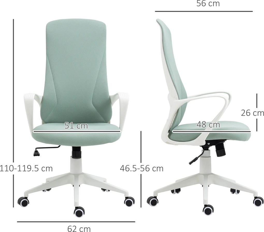 Vinsetto Scaun de birou ergonomic, cu înălțime ajustabilă și balans, 62x56x110-119,5 cm, verde | Aosom Romania