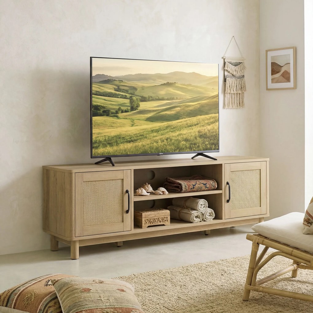 HOMCOM Comodă TV 135 cm, mobilier TV pentru televizor până la 165,1 cm cu 2 uși din ratan, 2 compartimente deschise, stejar | Aosom Romania