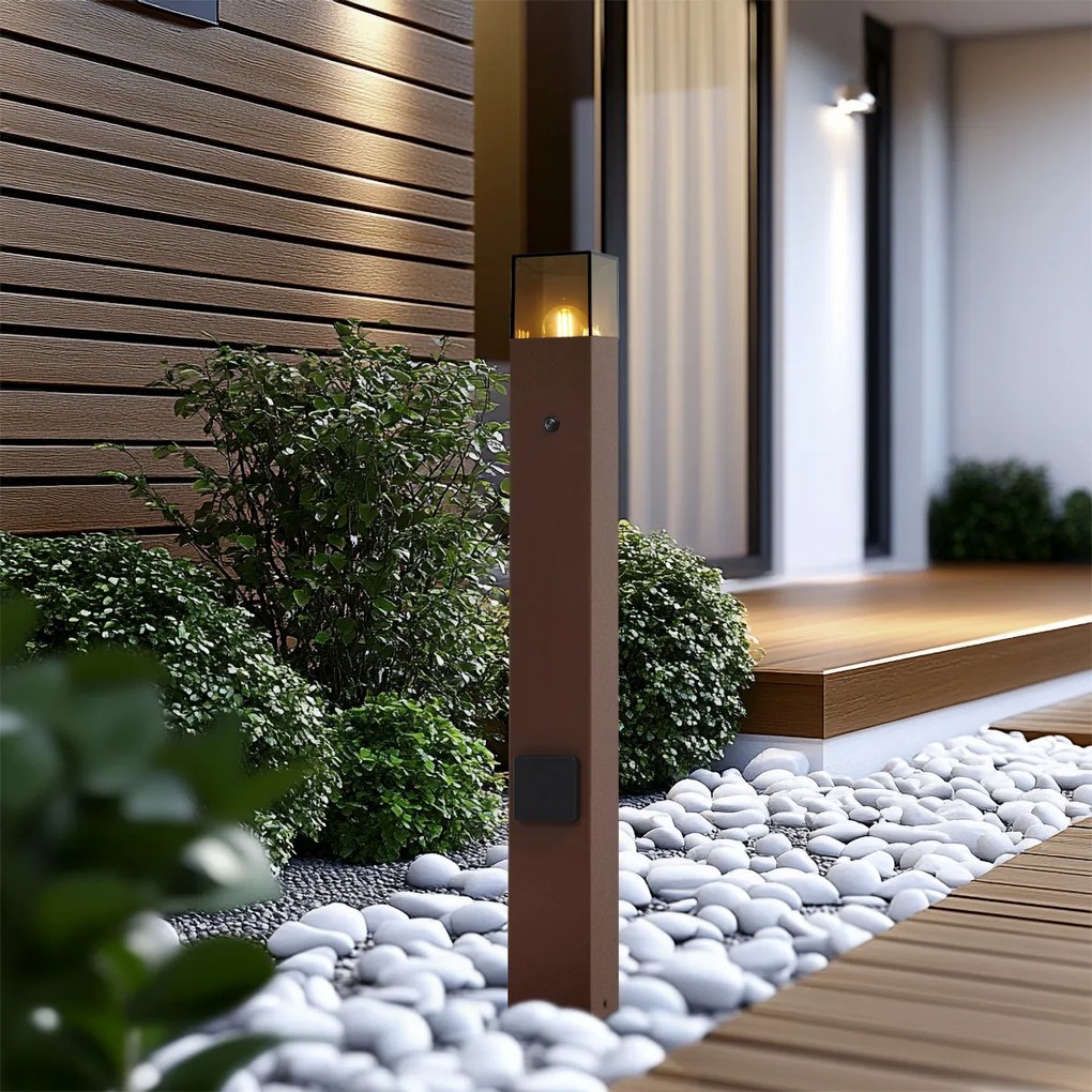 Lampa de exterior industrială maro rugină cu sticlă fumurie 70 cm cu senzor crepuscular IP44 - Denmark