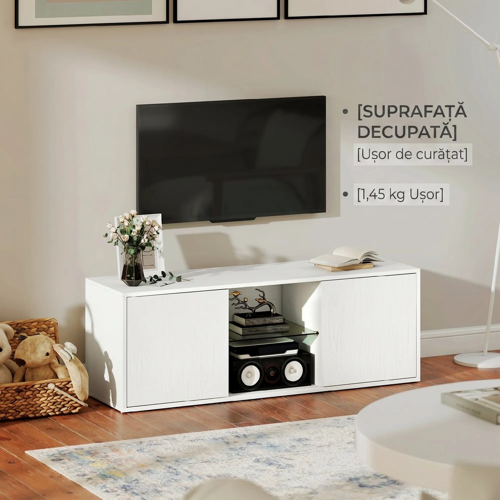 HOMCOM Mobilier Porta TV până la 55", Mobilier TV Suspendat sau pe Podea de 120 cm cu Uși Soft Close, Orificiu pentru Cabluri și Raft din Sticlă, pentru Sufragerie și Salon, Alb Efect Lemn | Aosom Romania