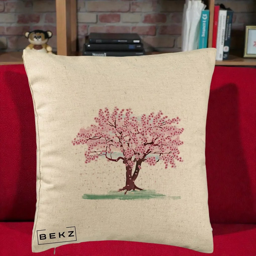 Perna Decorativa Cires Inflorit Acuarela, 40x40 cm, Bej, Husa Detasabila, Perna Inclusa, BEKZ®