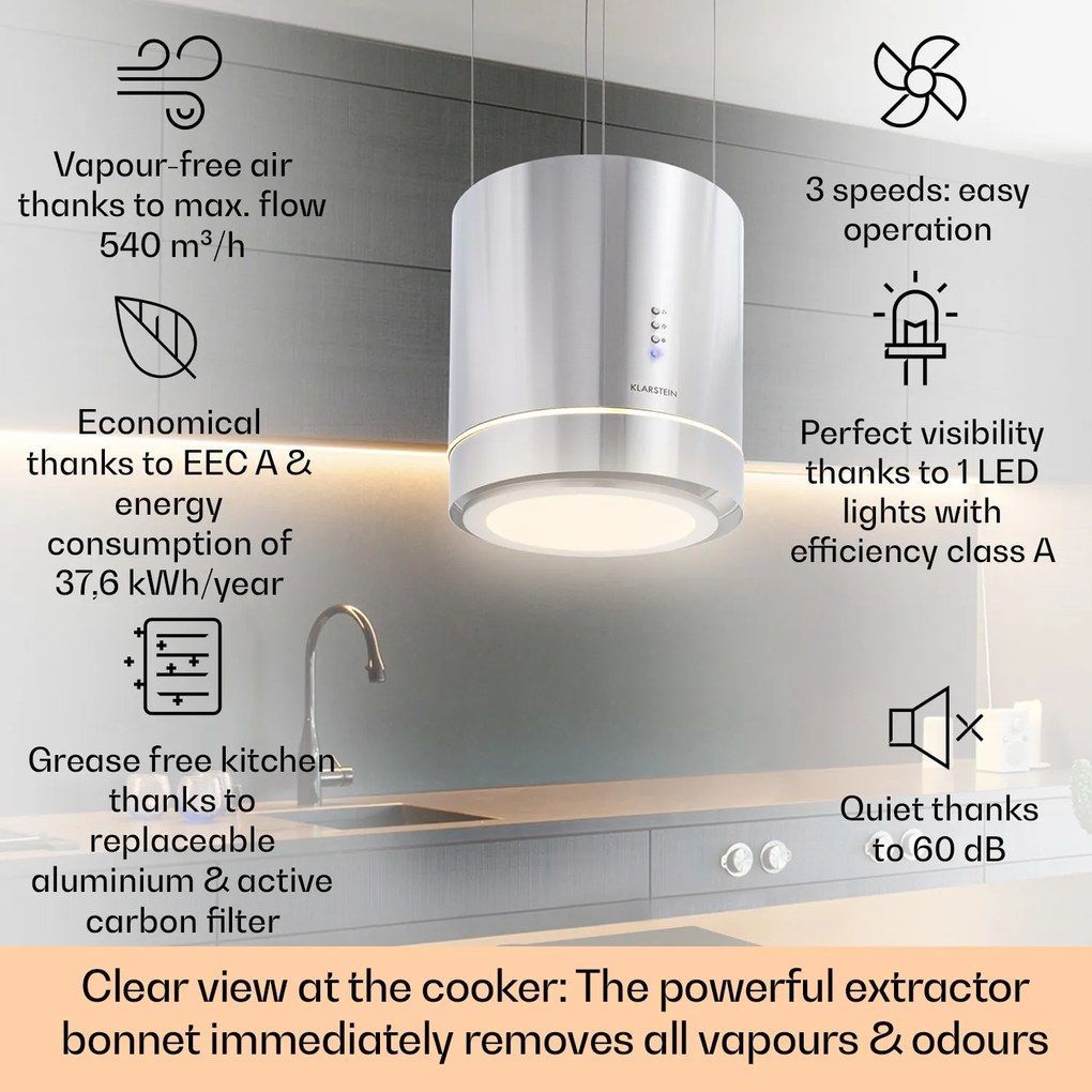 Tron Ambience, hotă tip insulă, Ø 38 cm, convecție 540 m³/h, LED, oțel inoxidabil