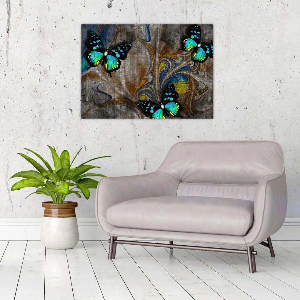 Tablou pe sticlă - Fluturi strălucitori în imagine (70x50 cm)