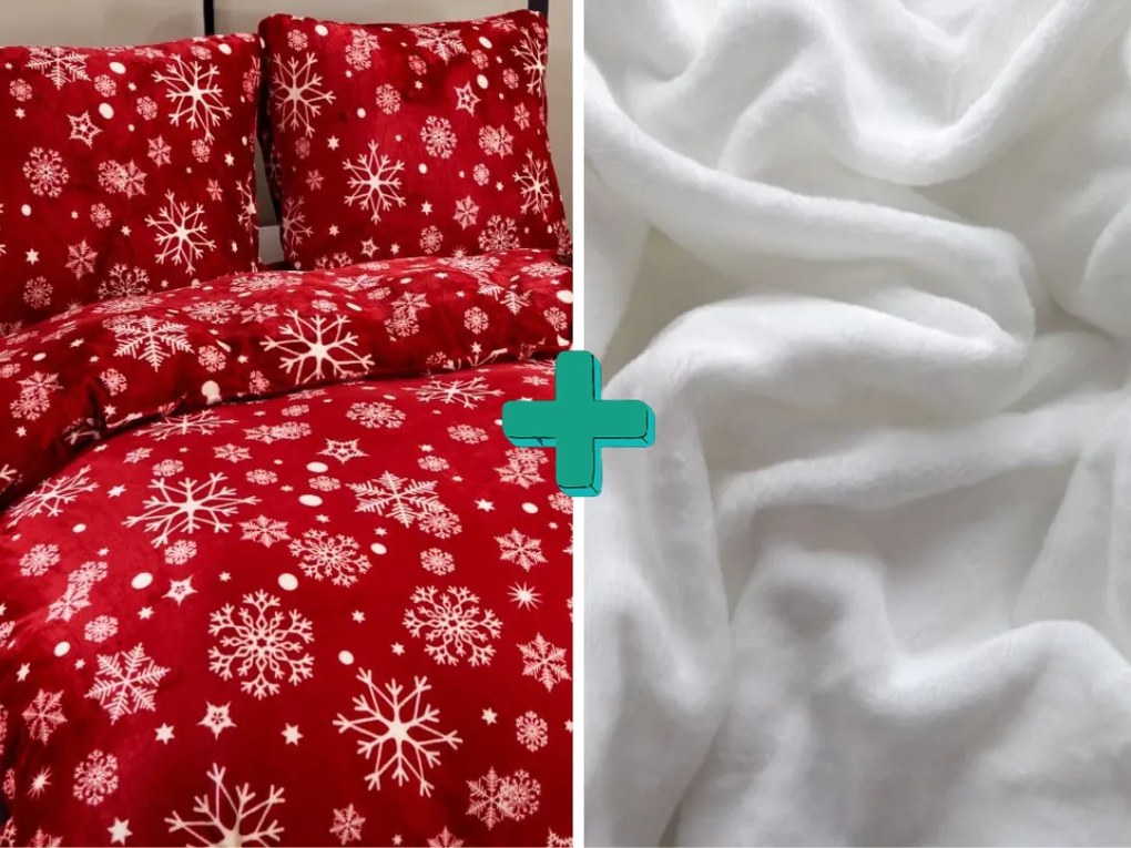 2x lenjerie de pat din microplus SNOWFALL rosu + cearsaf din microplus SOFT 180x200 cm alb