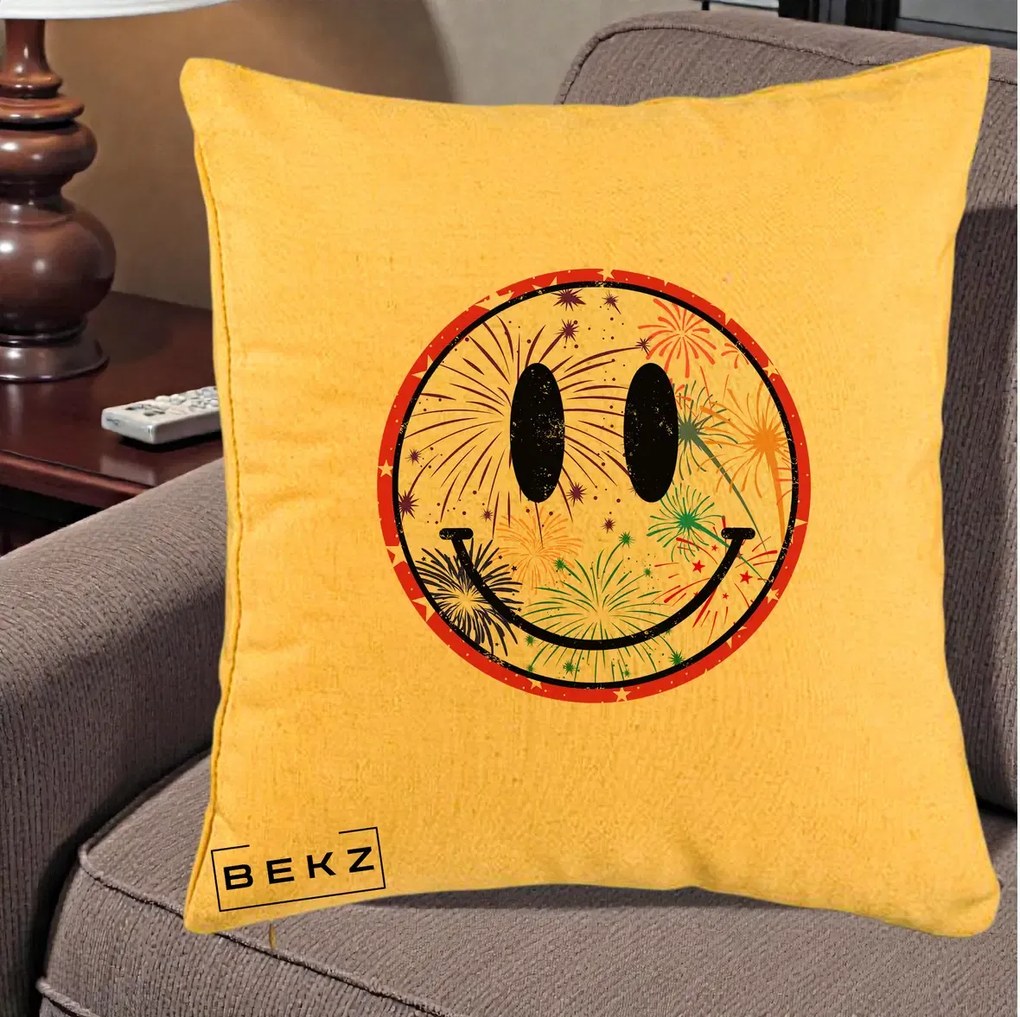 Perna decorativa Smiley Face cu Artificii Multicolore, 40x40 cm cu Umplutura, Galben, BEKZ