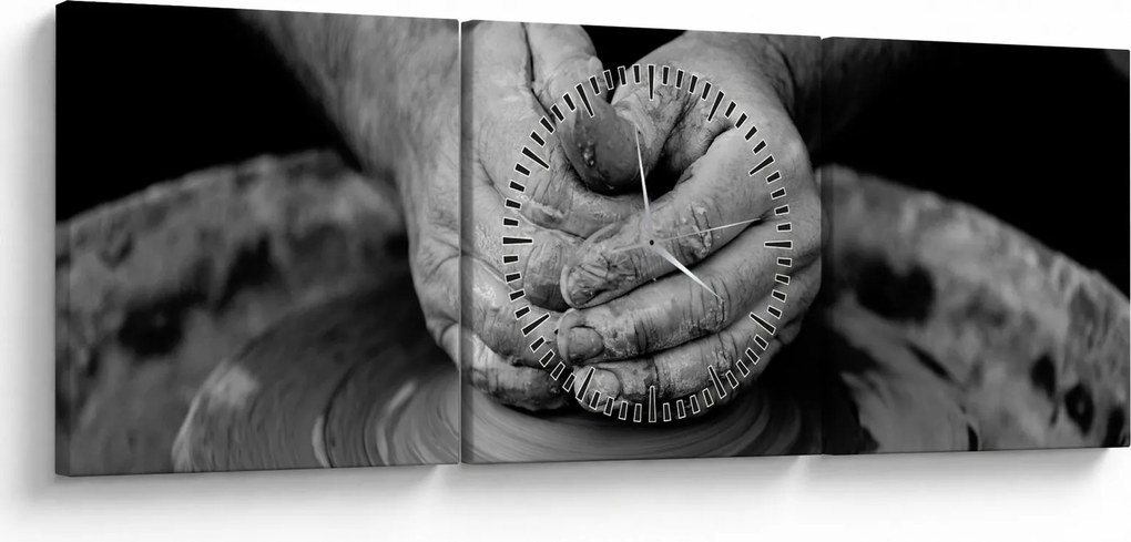 Tablou alb negru - producția de ceramică (cu ceas) (90x30 cm)