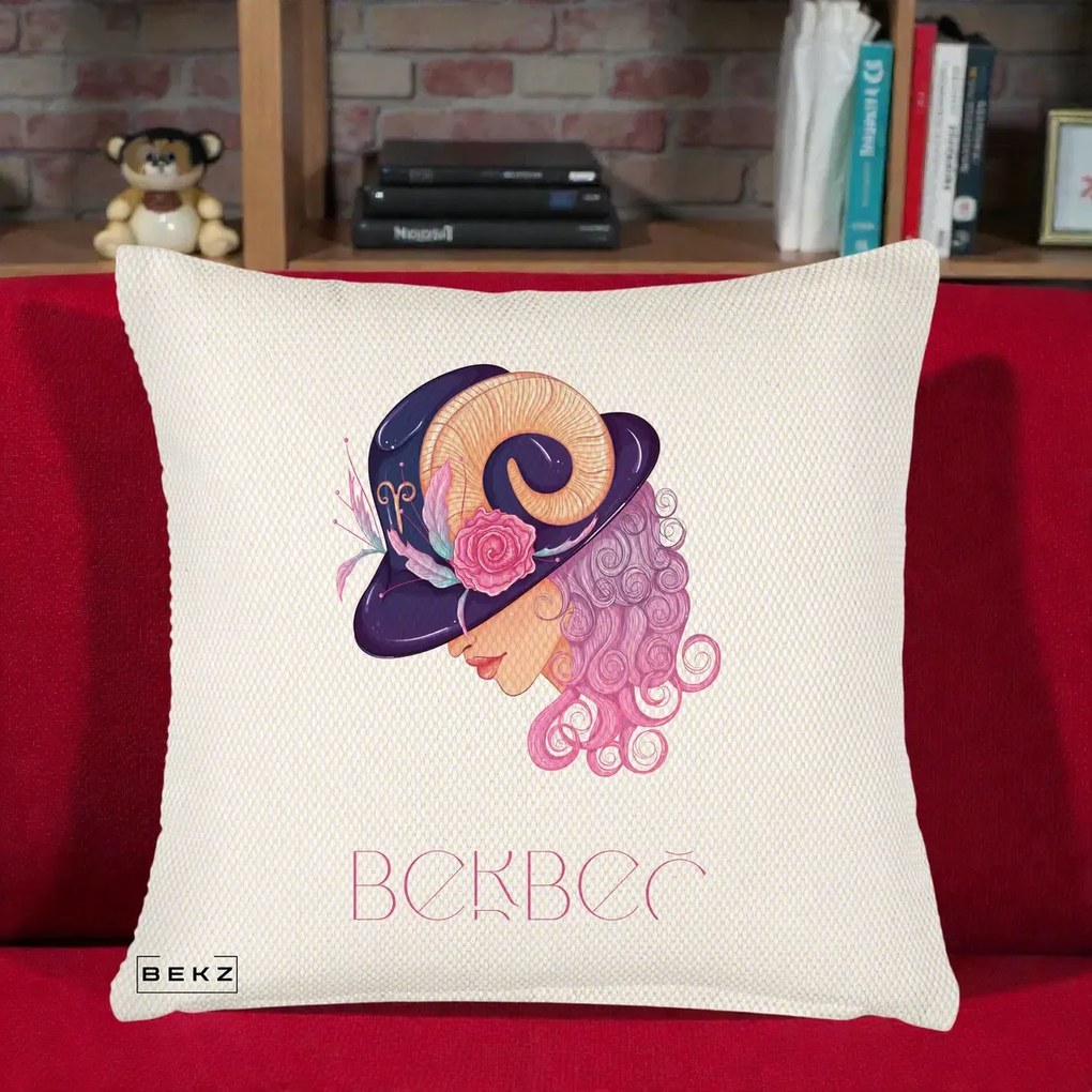 Perna Personalizata Zodie Berbec, 40x40 cm, Crem Reliefat, Husa Detasabila, Perna Inclusa, BEKZ®