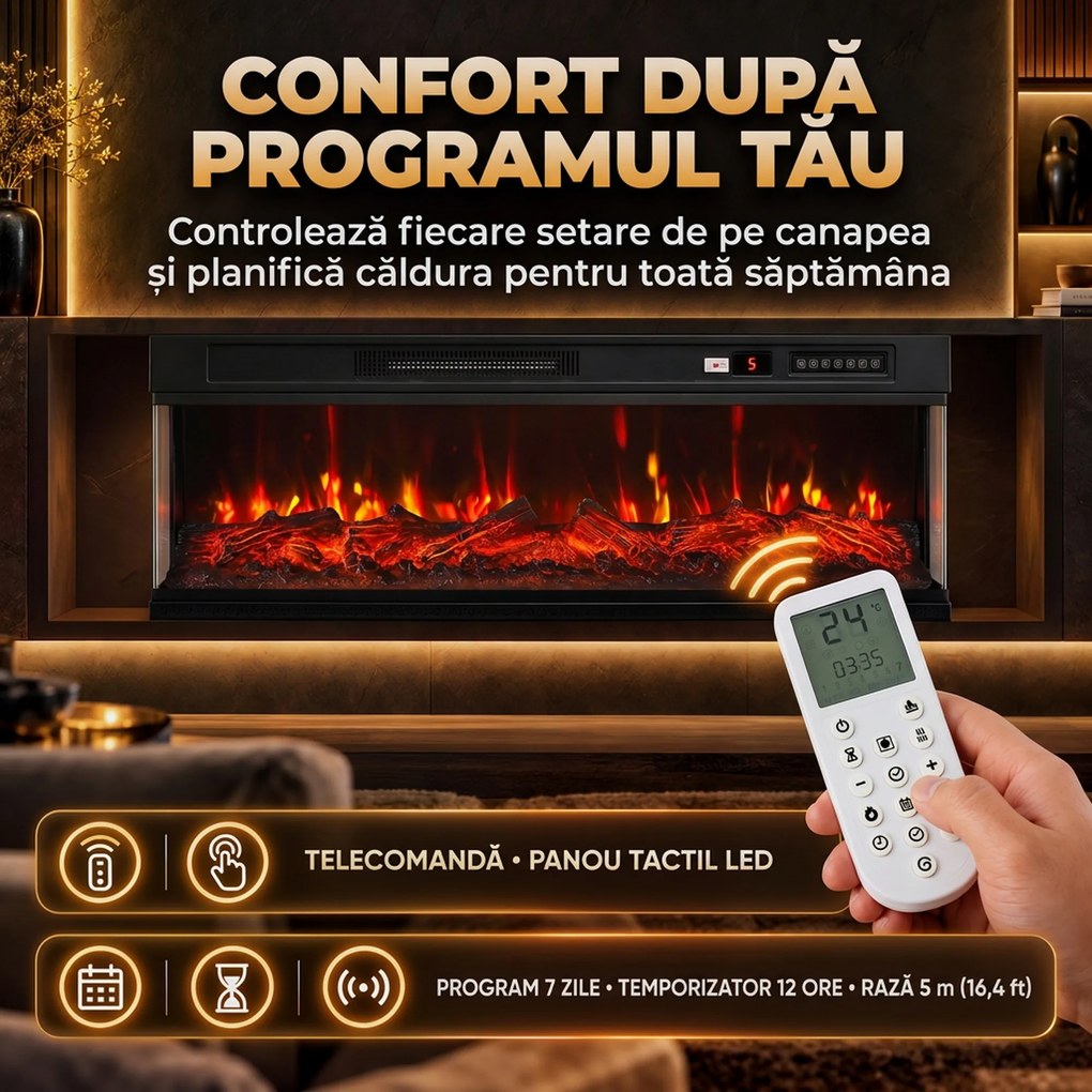 HOMCOM Șemineu electric de podea/încastrabil, 3 laturi, cu telecomandă, 750/1500W, efect flacără 3D, 12 culori, 5 niveluri de luminozitate | Aosom Romania