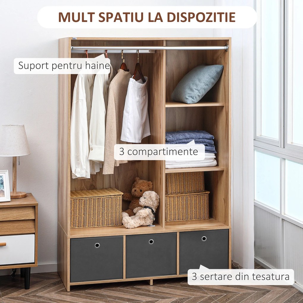 HOMCOM Dulap din PAL cu Sină pentru Agățat, 3 Sertare din Țesătură cu Aspect de In și 3 Rafturi, 105x48x160 cm | Aosom Romania