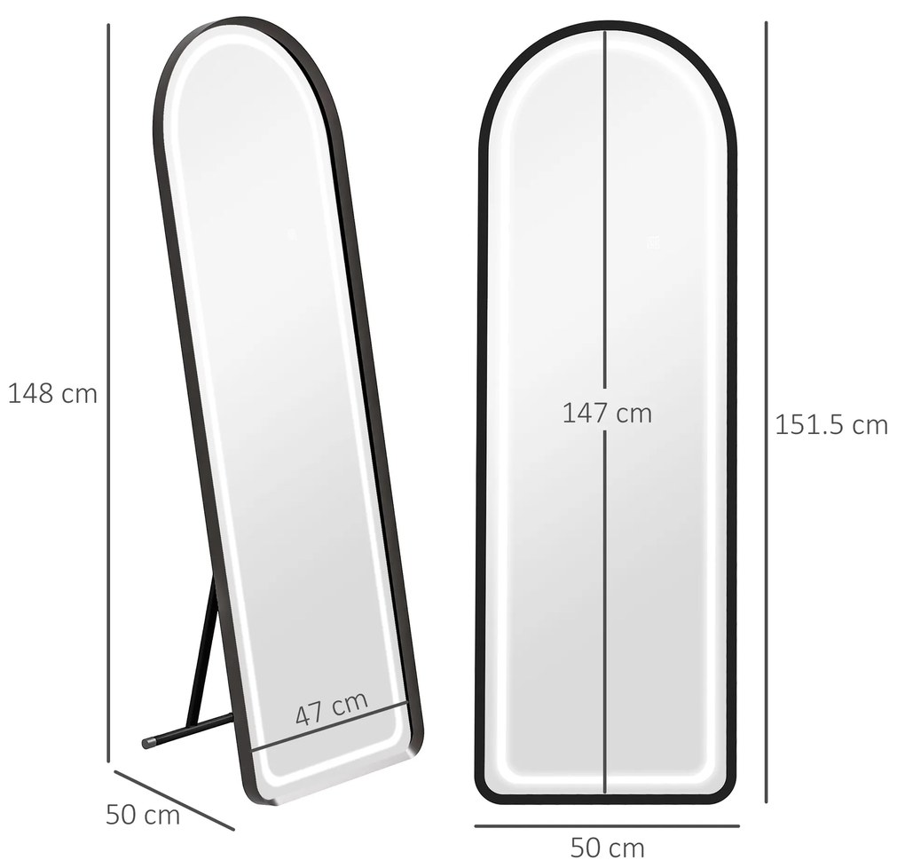 HOMCOM Oglindă Arcuita cu Lumini LED și Montare Perete sau Sprijinire, 152x50 cm, Negru | Aosom Romania