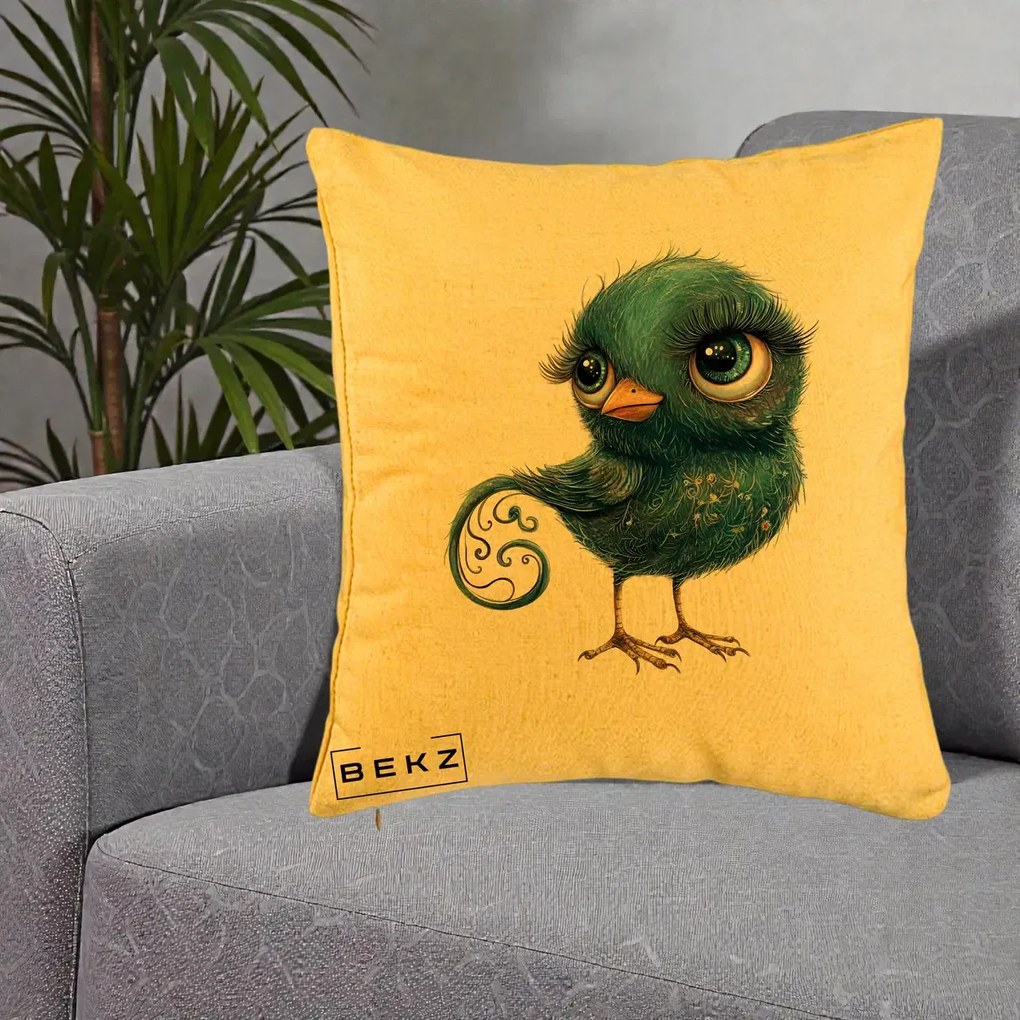 Perna Decorativa Pasare Teal cu Motive Aurii si Coada Spiralata, 40x40 cm, Galben, Husa Detasabila, Perna Inclusa, BEKZ®
