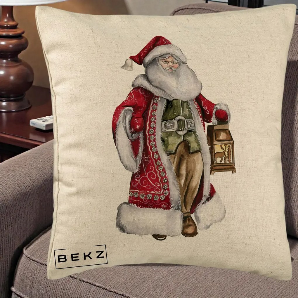 Perna Decorativa Mos Craciun Vintage cu Felinar, 40x40 cm, Bej, Husa Detasabila, Perna Inclusa, BEKZ®