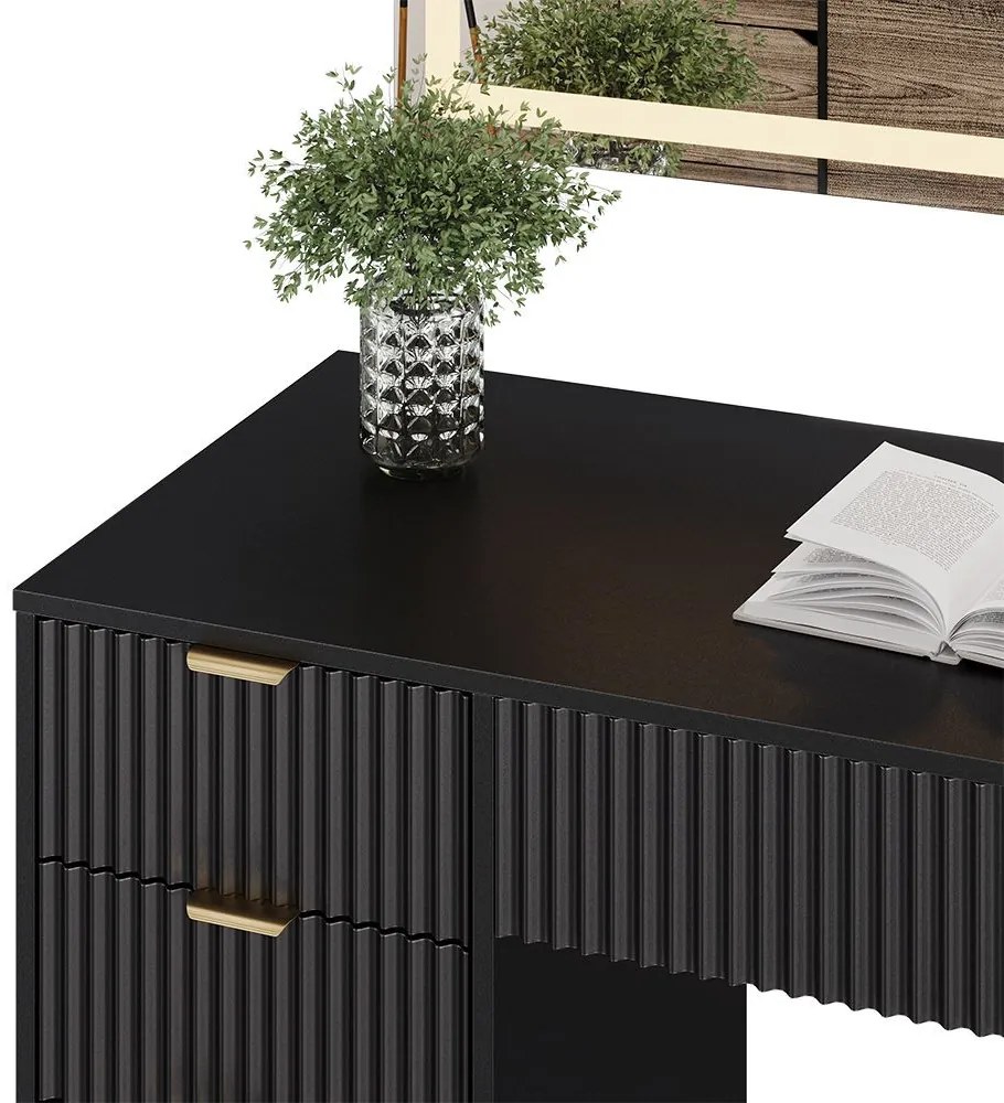 SEN250 - Set Masa toaleta, 120 cm, cosmetica, masuta machiaj, oglinda cu LED - Negru cu riflaje