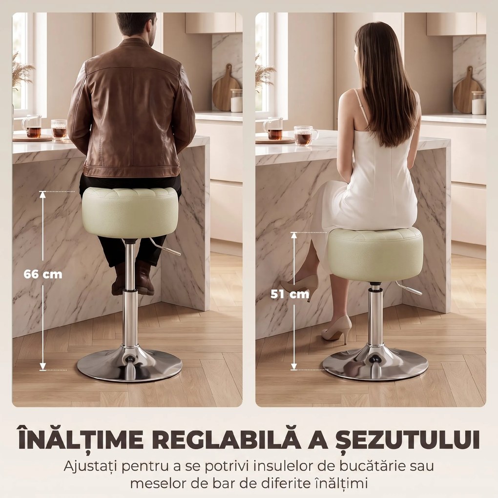 HOMCOM Scaun de Bar din Piele Ecologică PU, Reglabil pe Înălțime, Șezut Moale Gros, Rotire 360°, Pentru Insulă, Alb | Aosom Romania