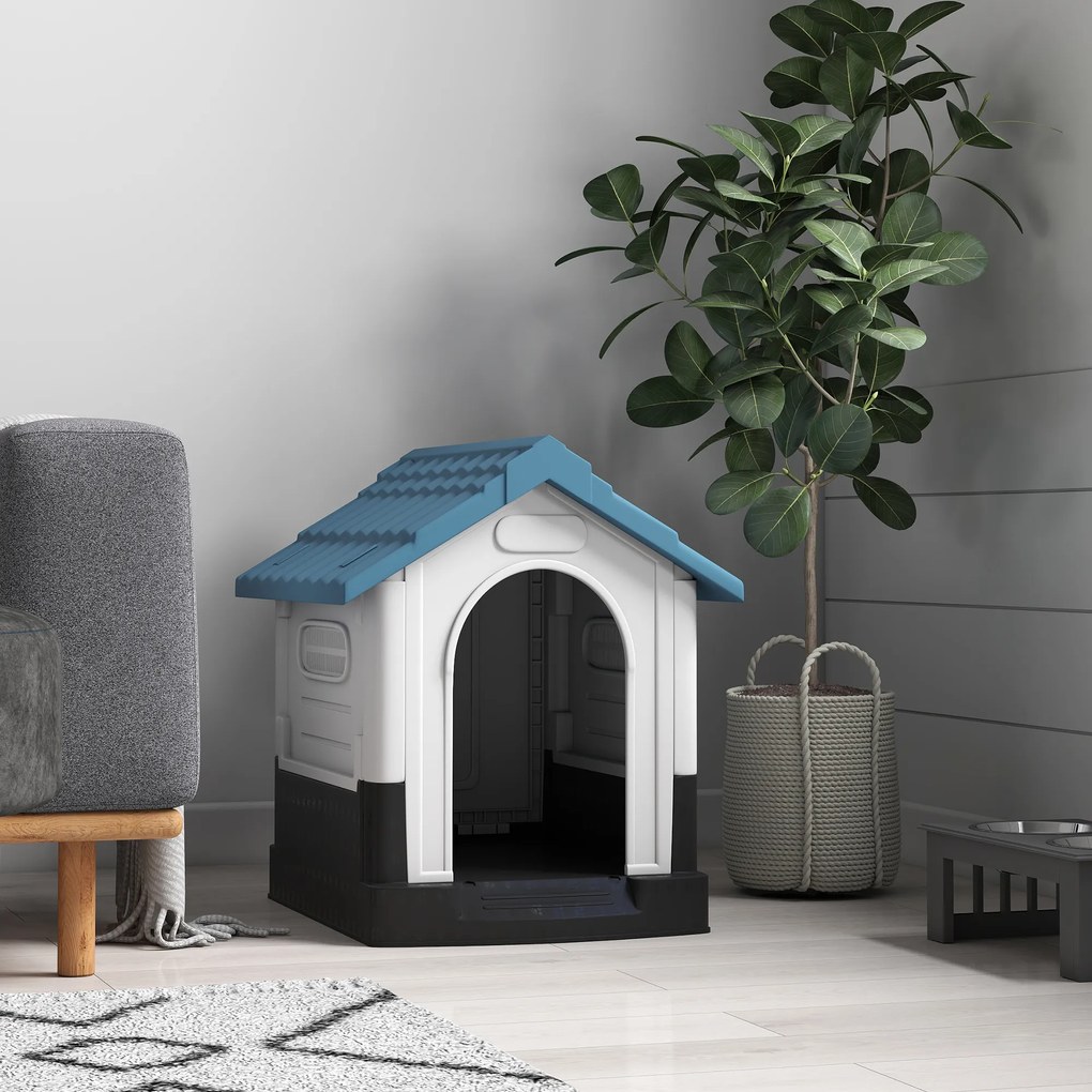 PawHut Cușcă pentru Câini de Exterior din Plastic, Căsuță pentru Câini Mici și Mini cu Ferestre, Acoperiș Înclinat și Bază Ridicată, 64,5x57x66 cm, Albastru | Aosom Romania