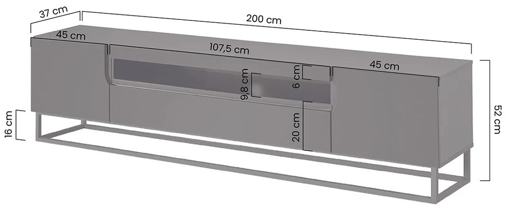 Comodă TV Loftia pe grilă metalică 200 cm - negru / negru mat