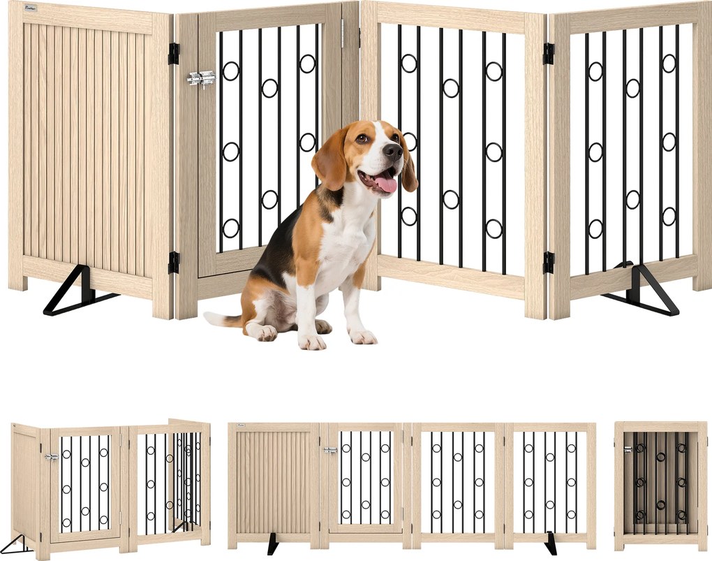 PawHut Poartă independentă pentru animale de companie, poartă pentru câini cu ușă, 4 panouri, pentru hol, scară, intrare, MDF, oțel | Aosom Romania