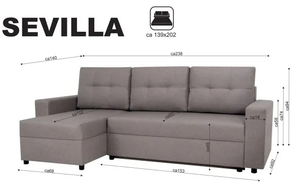 Canapea universală colțar SEVILLA gri, cu funcție de dormit și spațiu depozitare