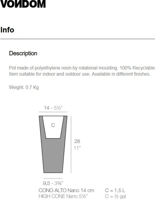 Ghiveci plante design decorativ modern interior / exterior HIGH SQUARE CONE mini 14x14x28cm