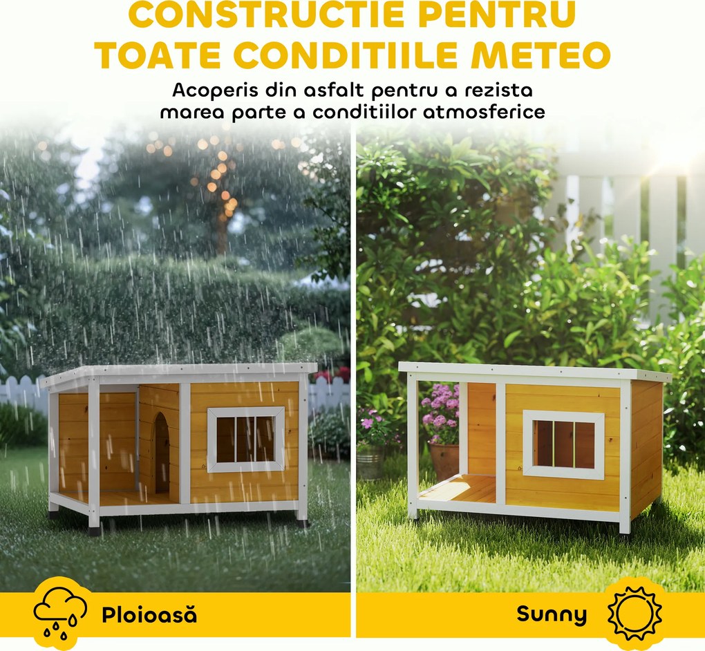 PawHut Cușcă pentru Câini de Exterior din Lemn cu Verandă Acoperită și Acoperiș Înclinat, 85.5x62x60 cm, Multicolor | Aosom Romania