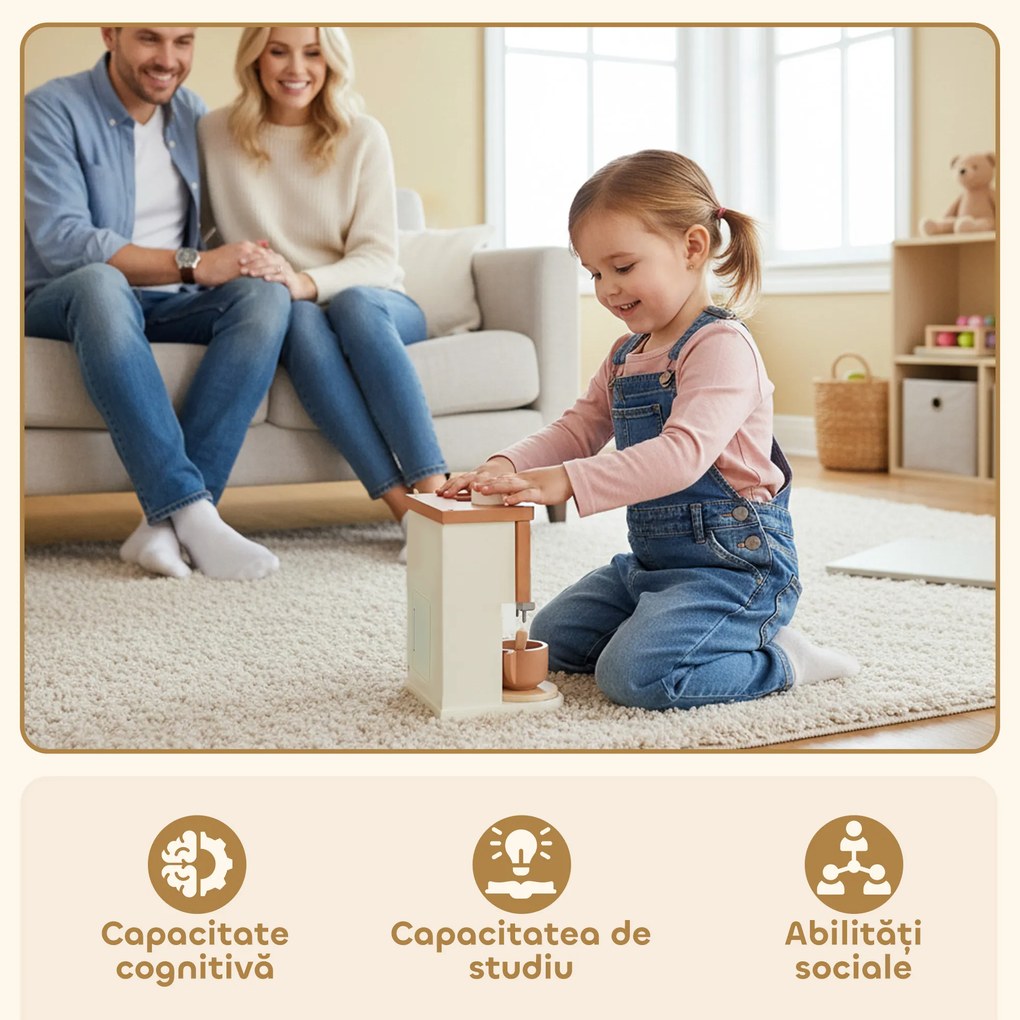 AIYAPLAY Set de joacă cu mașină de cafea din lemn, pentru copii de 3 ani cu accesorii, Maro | Aosom Romania