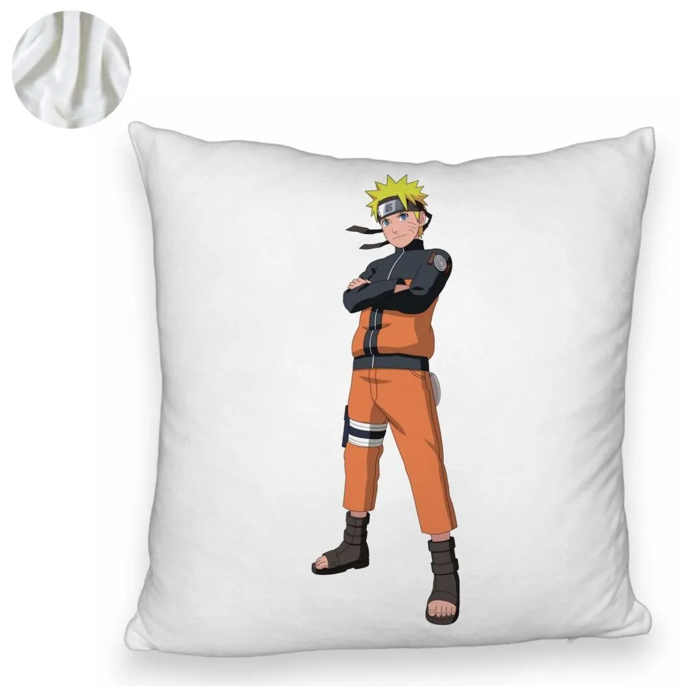 Perna Decorativa Fluffy cu Naruto, 40x40 cm, Alba, Husa Detasabila, Burduf