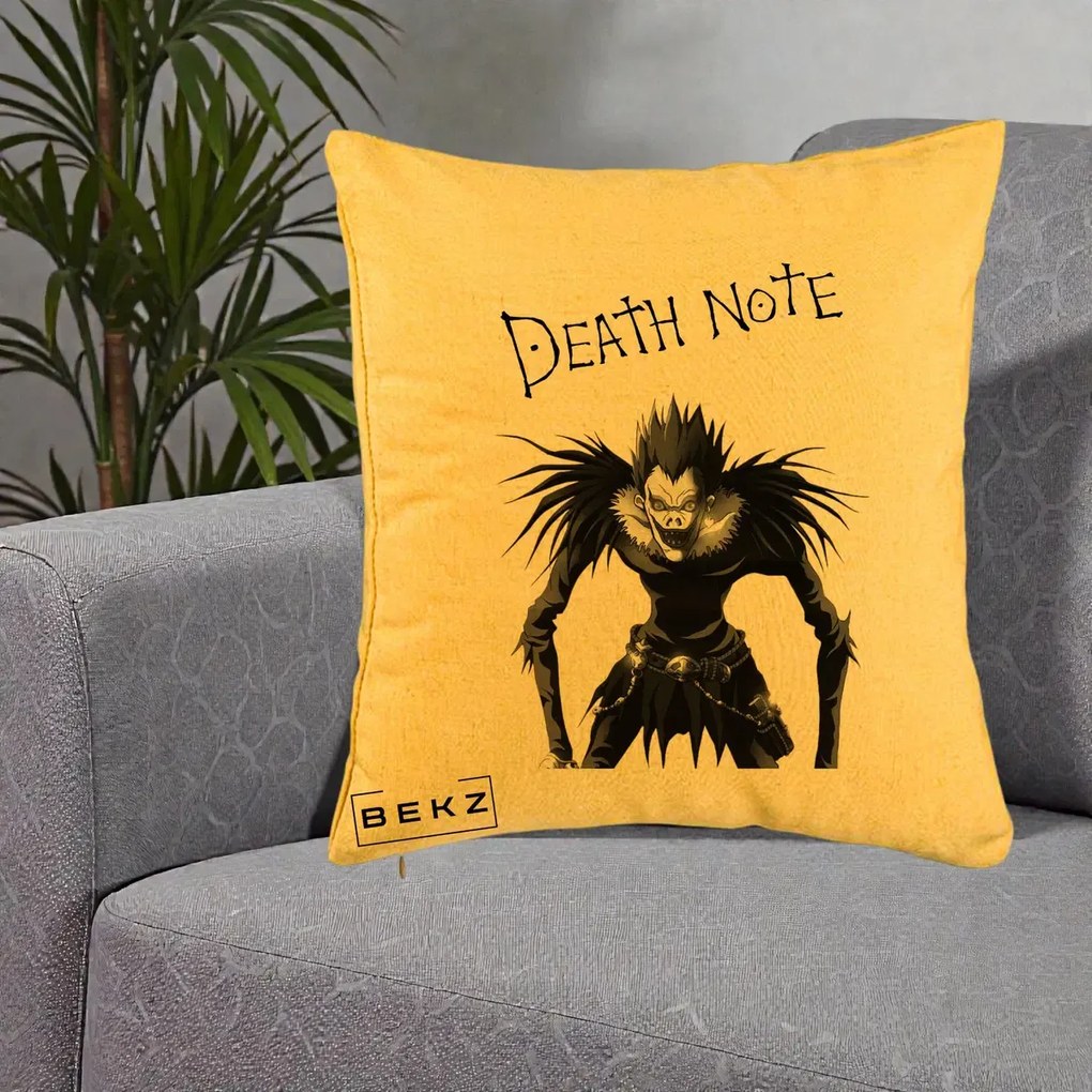 Perna Personalizata Death Note Ryuk Shinigami Alb-Negru, 40x40 cm, Galben, Husa Detasabila, Perna Inclusa, BEKZ®