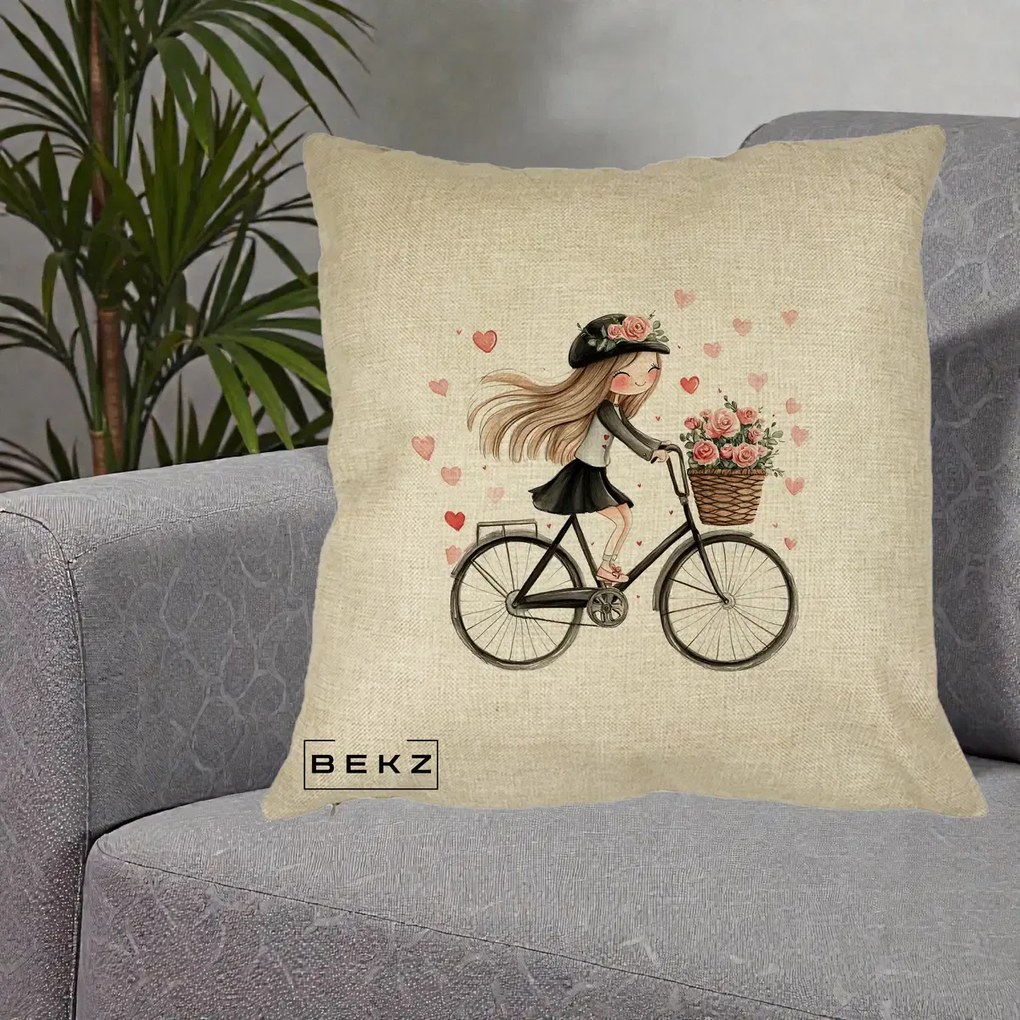 Perna Decorativa Fetita Kawaii pe Bicicleta cu Trandafiri si Inimioare, 40x40 cm, Crem, Husa Detasabila, Perna Inclusa, BEKZ®