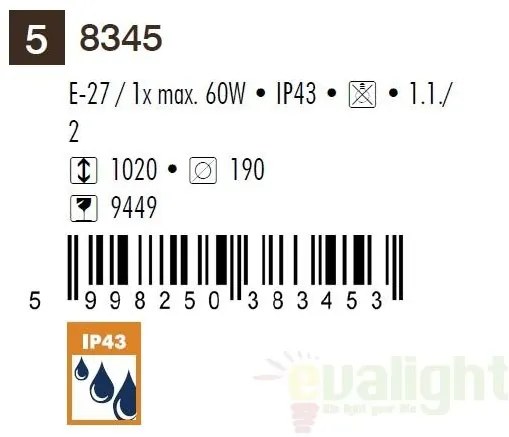 Stalp exterior H-102cm, IP43, negru Milano 8345 RX