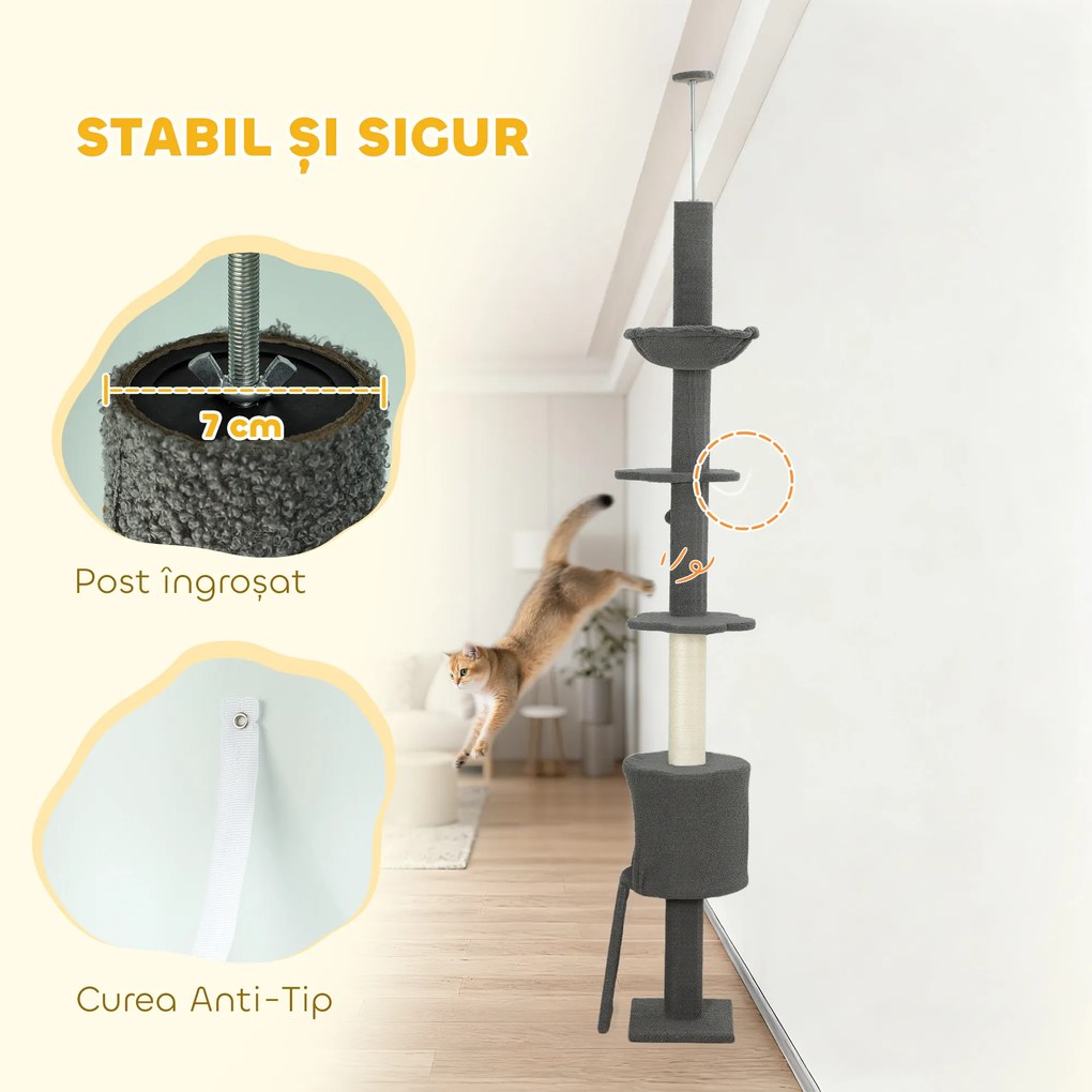 PawHut Ansamblu de joacă pentru Pisici Înalt 220-240 cm cu Hamac, Casetă, Platforme și Stâlpi din Sisal, Gri | Aosom Romania