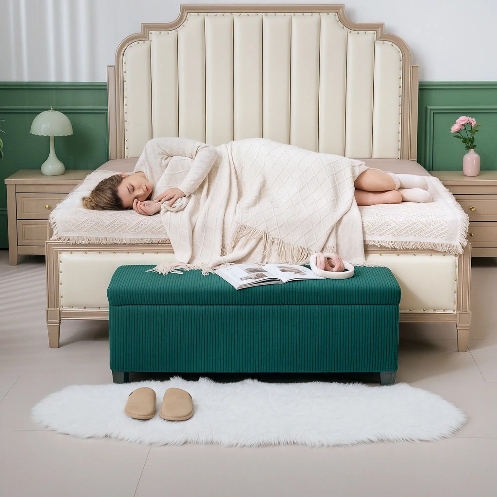 HOMCOM Banc de depozitare capăt de pat din catifea cotelată cu capac, pentru salon, cameră, intrare, 112 x 42 x 40 cm, verde | Aosom Romania