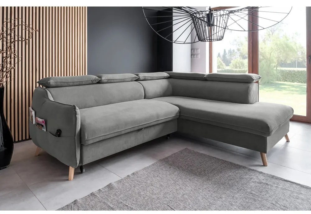 Colțar gri deschis extensibil cu tapițerie din catifea (cu colț pe partea dreaptă) Sweet Harmony – Miuform