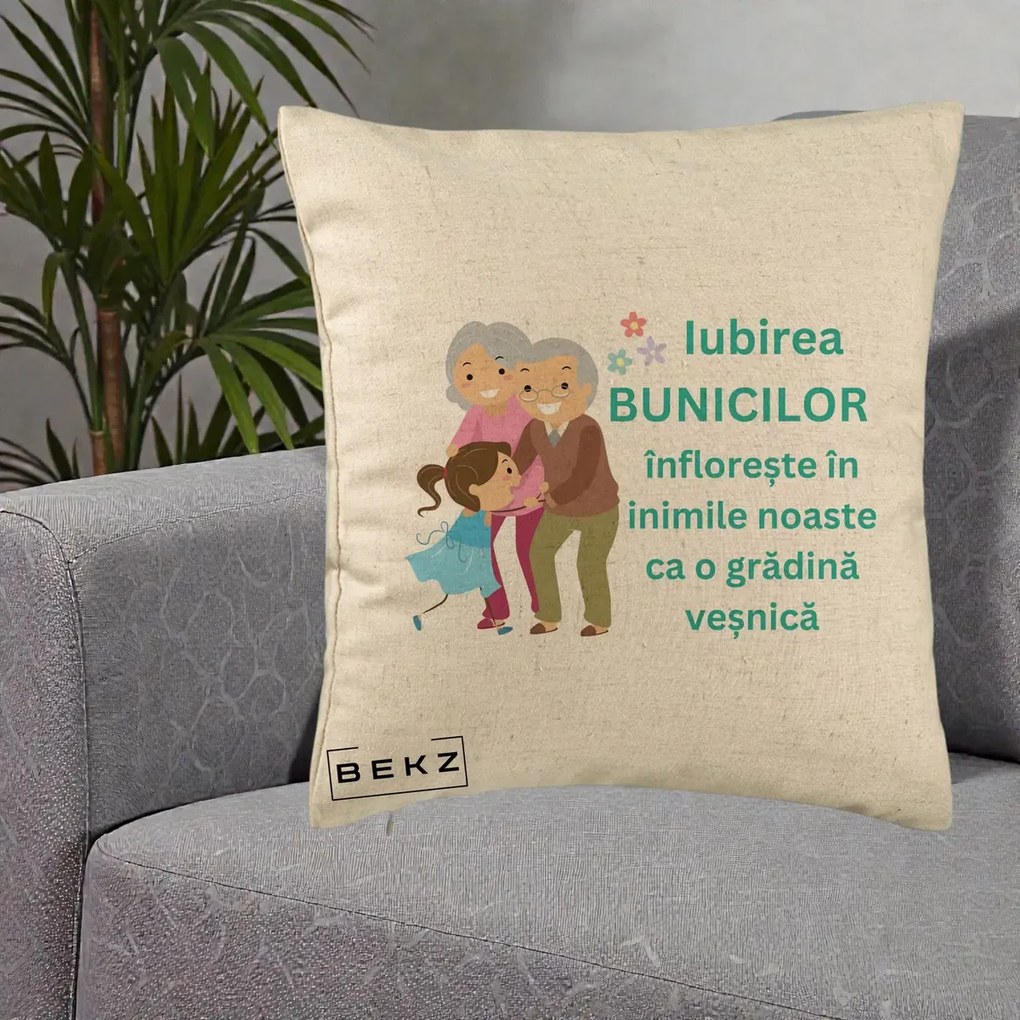 Cadou pentru Bunici - Perna Personalizata Bunicii Iubirea Infloreste cu Nepoata Teal, 40x40 cm, Bej, Husa Detasabila, Perna Inclusa, BEKZ®