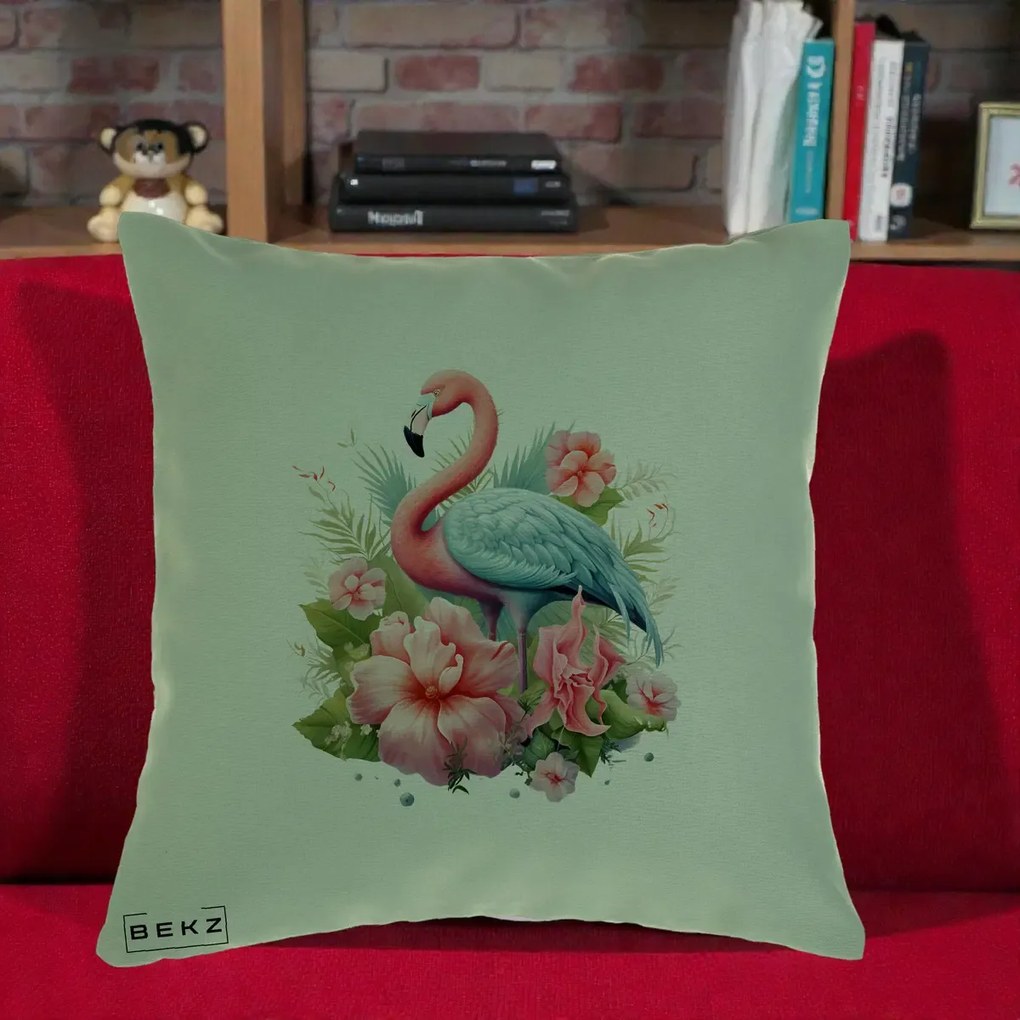 Perna Decorativa Flamingo cu Hibiscus Tropical, 40x40 cm, Verde, Husa Detasabila, Perna Inclusa, BEKZ®