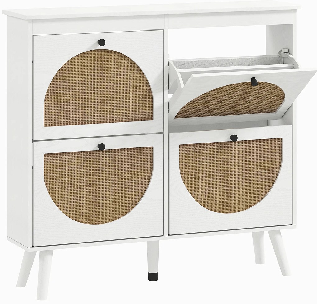 HOMCOM Dulap de pantofi 4 plier 20 de perechi raft ajustabil stil boem picioare din lemn masiv 105 x 24 x 97.5 cm alb | Aosom Romania