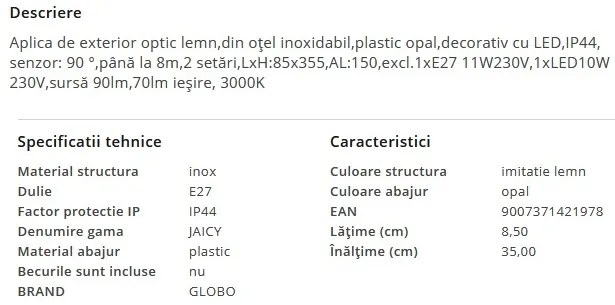 Aplica exterior cu senzor de miscare IP44 JAICY