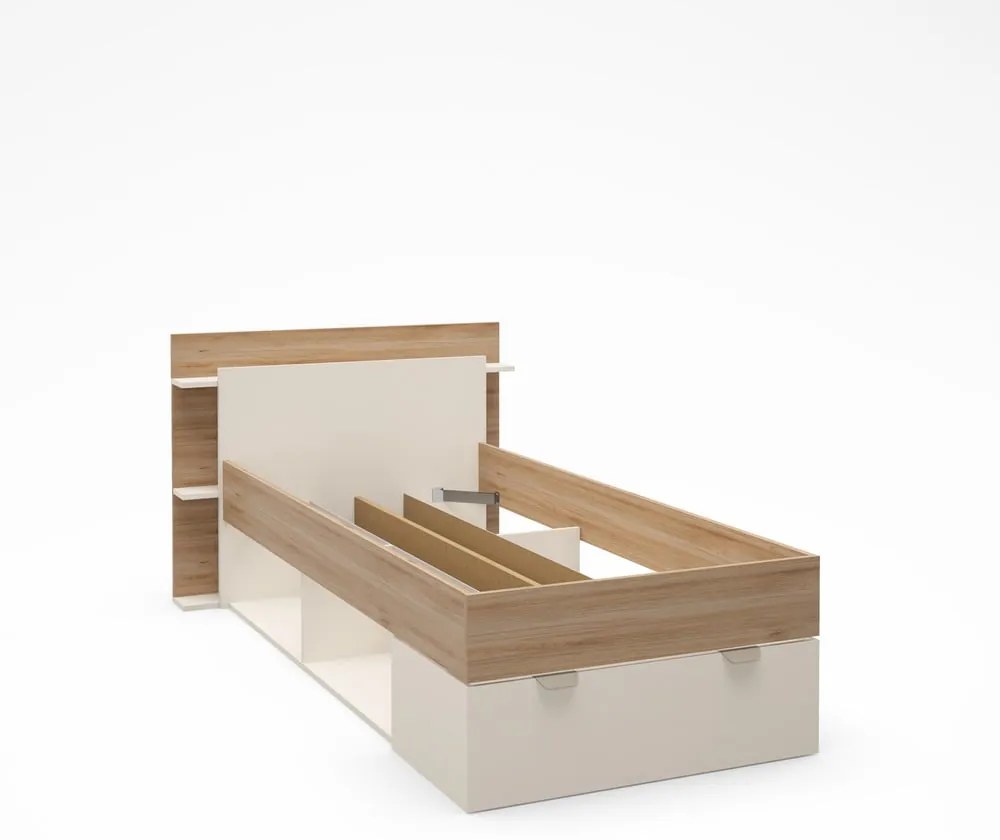 Pat alb/în culoare naturală cu aspect de lemn de stejar cu spațiu de depozitare fără somieră 90x200 cm Albo – Marckeric