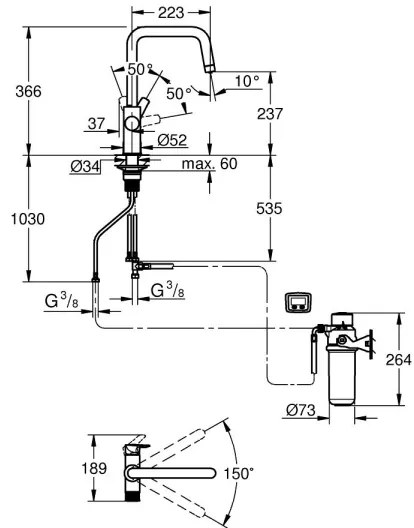 GROHE 30596000 - Baterie pentru chiuvetă BLUE PURE cu funcție de filtrare, crom lucios