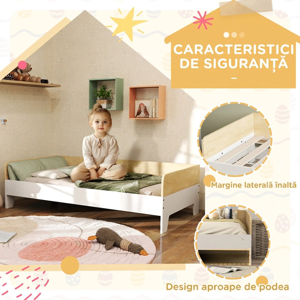 AIYAPLAY Pat pentru Copii 3-8 Ani, 143,5x74 cm, cu Panouri Laterale Înalte, Profil Jos, Alb | Aosom Romania