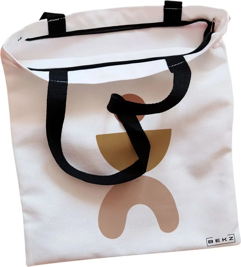 Sacosa de Panza pentru Cumparaturi, Geanta Tote, model Geometric Art, Cu fermoar, 38x34.5 cm, Alba, BEKZ®