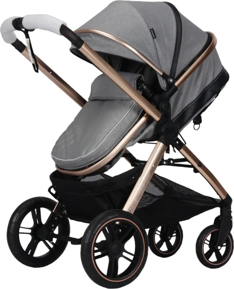 Carucior nou nascuti 2 in 1 NOVOKIDS™ X2000 series, Cu geanta bebe, Cadru Aluminiu Gold, Amortizoare, Roti din cauciuc plin AVE, Landou, Spatar