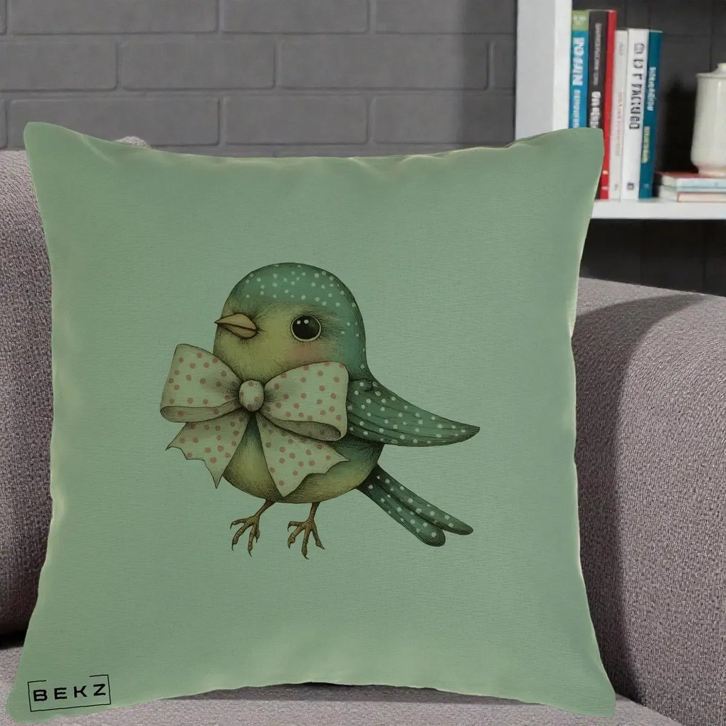 Perna Decorativa Pasare Teal cu Fundita cu Buline, 40x40 cm, Verde, Husa Detasabila, Perna Inclusa, BEKZ®