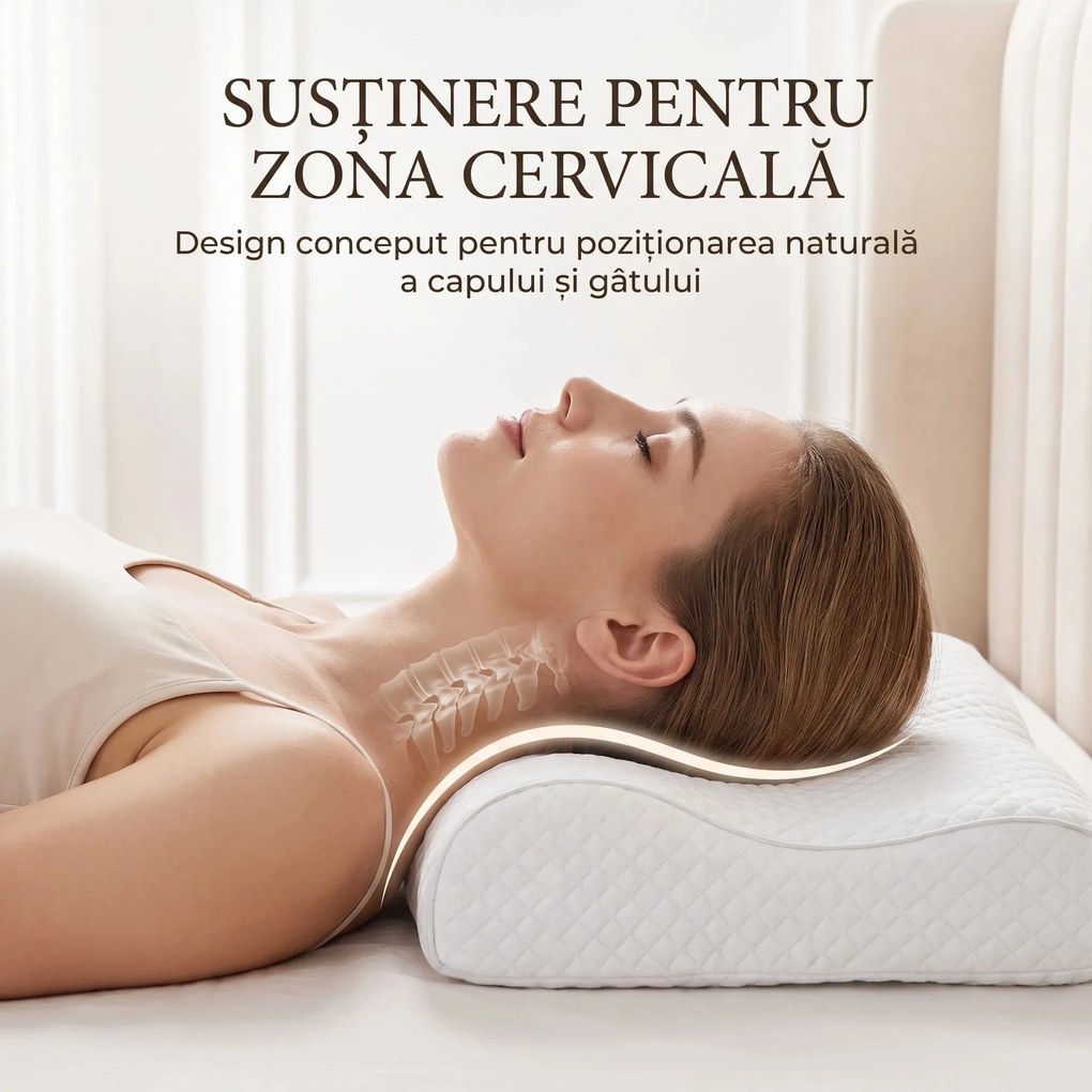 RESIGILAT- Perna cervicala ortopedica CERVI-SAN Memory Plus, doua inaltimi si suport brate, husa Tencel