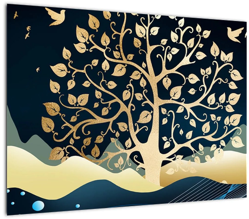 Tablou pe sticlă cu copac auriu (70x50 cm)