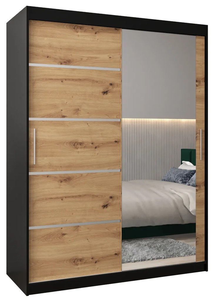 Dulap de haine 150 cm cu oglindă Verika 2 150 (negru + stejar artisan). 1064203