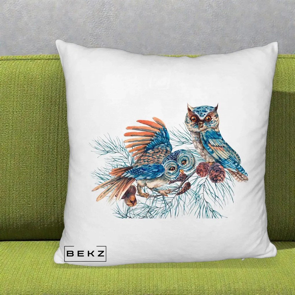 Perna Decorativa Bufnite de Iarna Albastre, 40x40 cm, Alb Pufos, Husa Detasabila, Perna Inclusa, BEKZ®